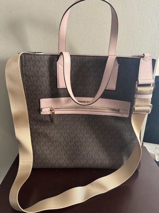 Michael Kors Handbags - Michael Kors Kenly Large Tote MK Logo Signature PVC Bag Powder Blush Pink Brown